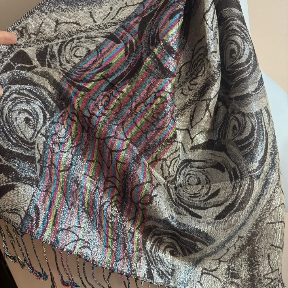 Metallic Thread Rose & Multicolor Stripes Scarf
